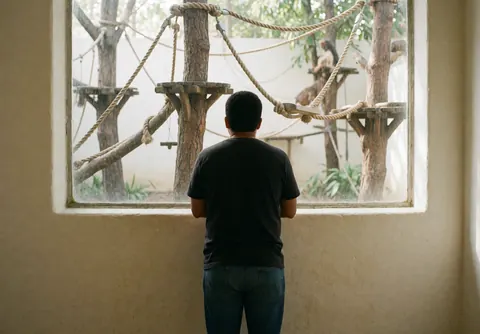 Back view of a person watching primates in a zoo enclosure with trees and ropes under natural light