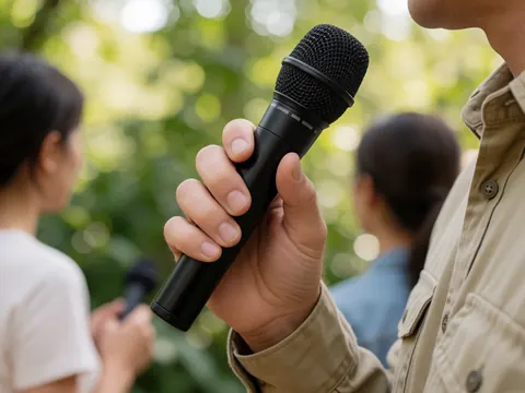 Close-up of a guide holding a black microphone with blurred green vegetation in the background, suitable for zoo or nature park settings.