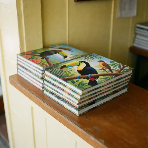 Stack of educational books with tropical bird illustrations on a polished wooden counter