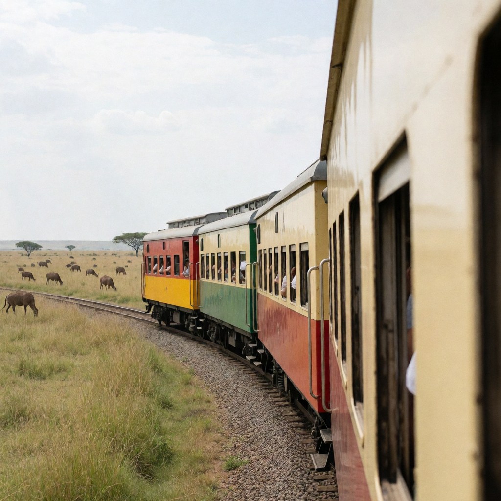 Safari train with passengers viewing animals on the savanna, natural landscape with trees and cloudy sky, earth and green tones