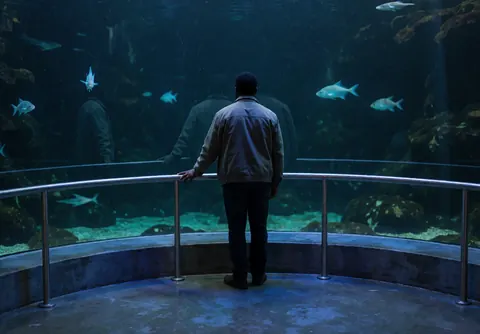 A person leans on a metal railing to watch fish swimming in a large blue-lit aquarium with a dark background.