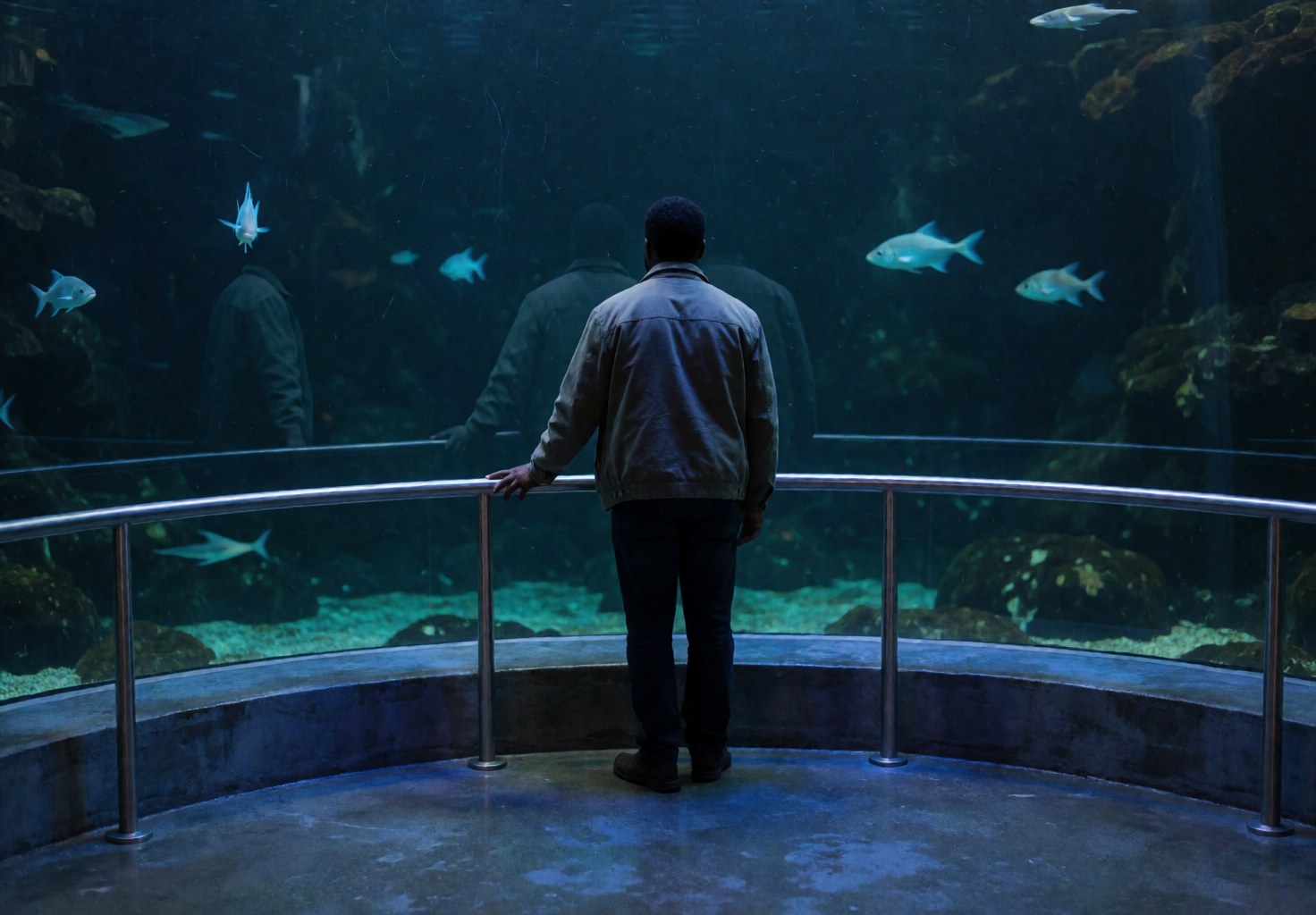 A person leans on a metal railing to watch fish swimming in a large blue-lit aquarium with a dark background.