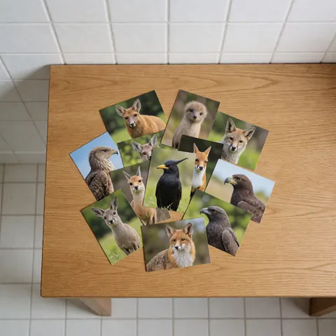Wild animal portrait postcards arranged on a light wooden table with white tiled walls and soft even lighting