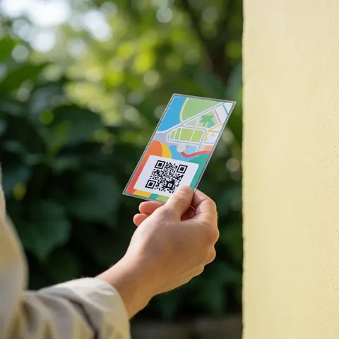 Close-up of a hand holding a laminated zoo entry ticket featuring a map and QR code against a yellow wall and blurred green foliage.