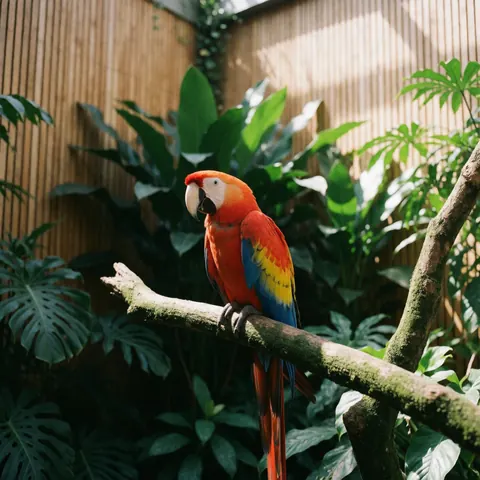 A scarlet parrot with red, yellow, and blue feathers perched on a moss-covered branch surrounded by green tropical leaves and bamboo walls.