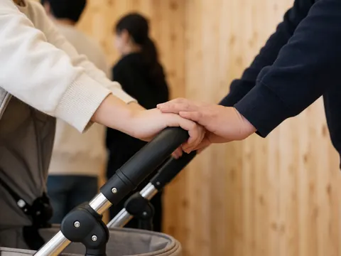 Close-up of adult hands gripping the handle of a stroller, highlighting the ergonomic design and material quality of the grip.