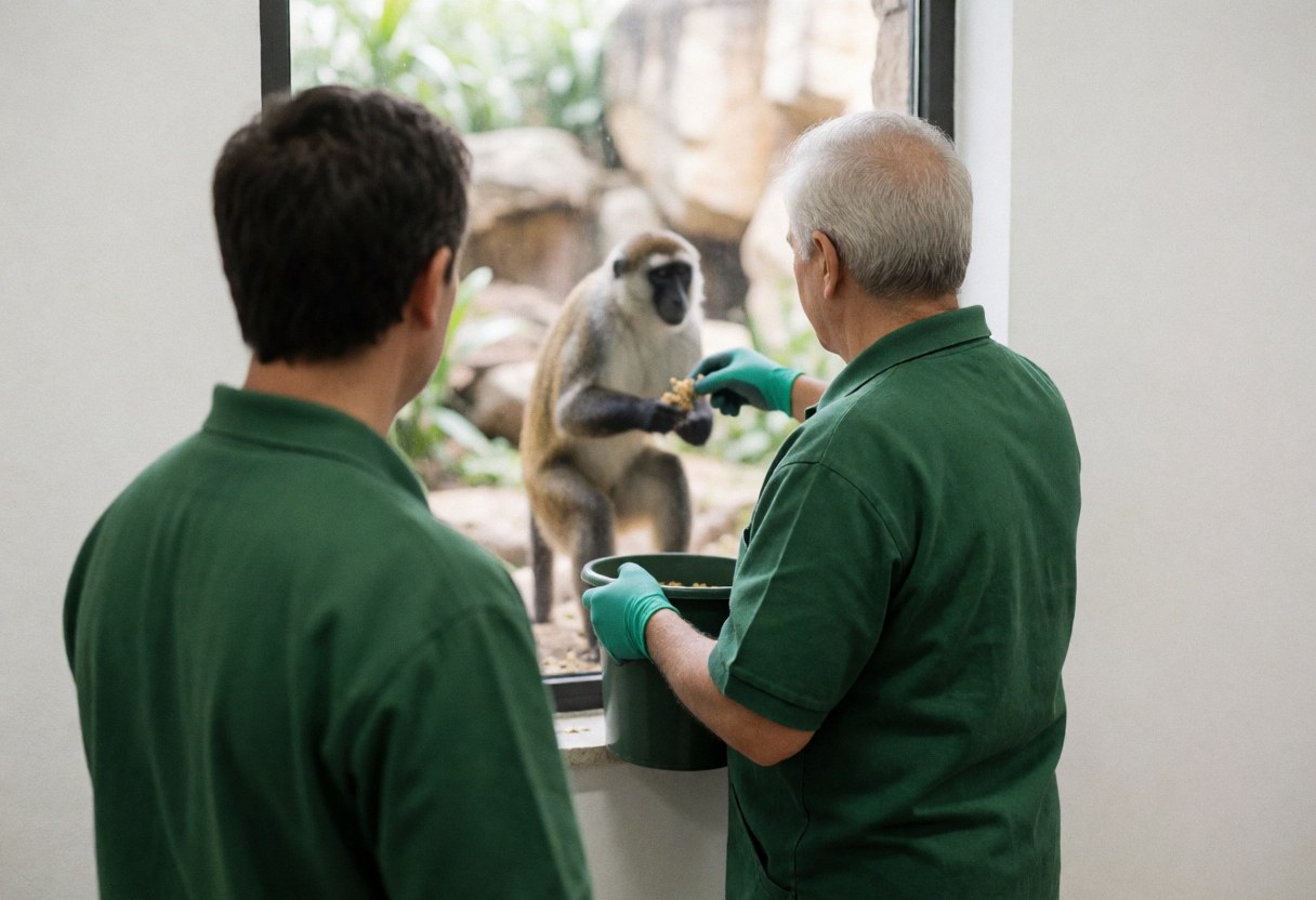 A zookeeper feeds a monkey through a window using a container, with rocks and vegetation in the background.