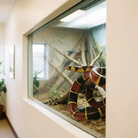 Colorful coral snake with red, yellow, and black bands resting in a glass enclosure with branches and soil at a zoo exhibit.