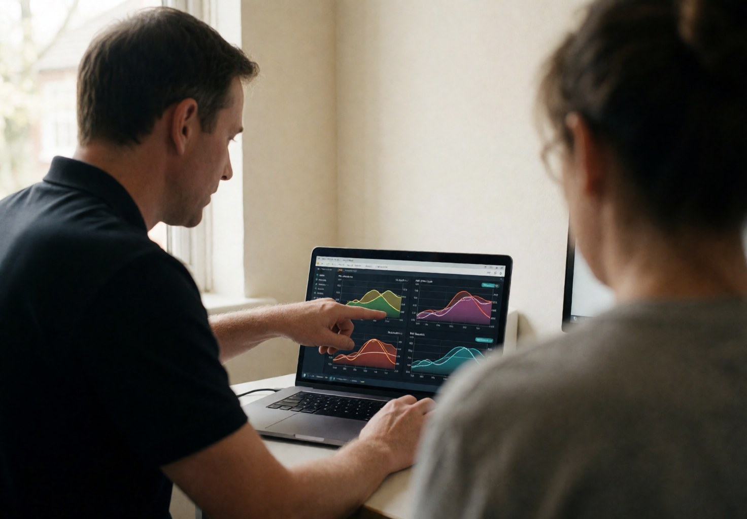 Coach explaining pace and heart rate data on a laptop screen during a training session.