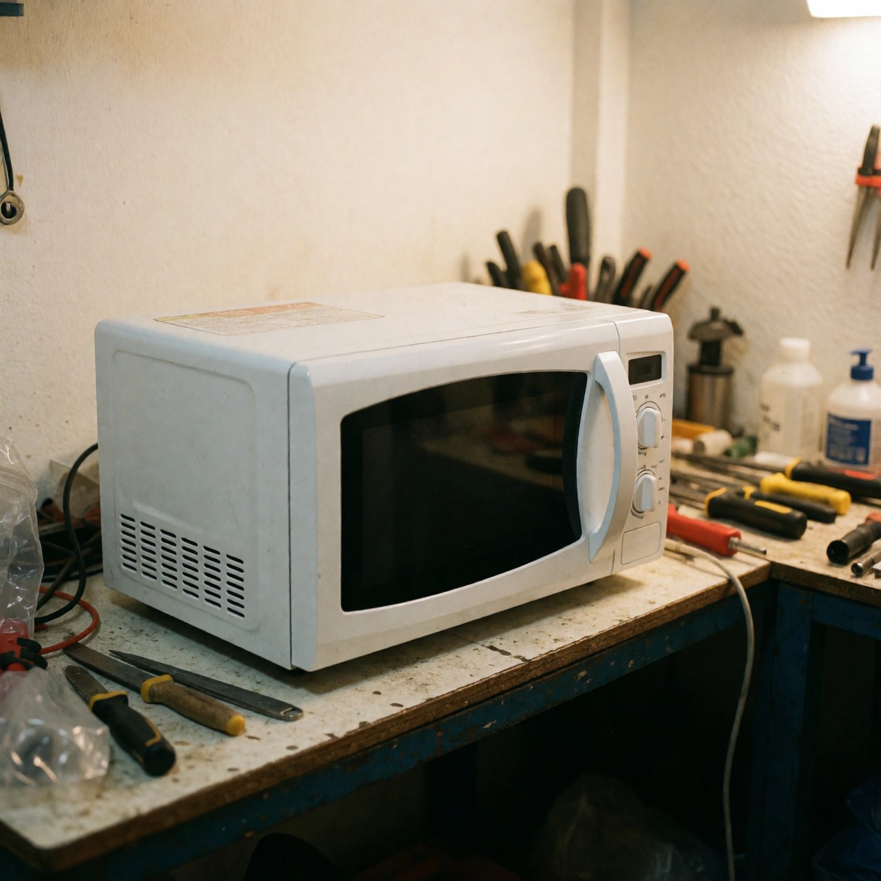 A repaired white microwave resting on a workbench surrounded by tools, bottles, and repair utensils in a small workshop.