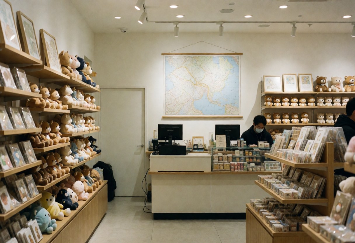 Staff member assisting shoppers behind a wooden counter in a cozy zoo souvenir store filled with plush toys and maps