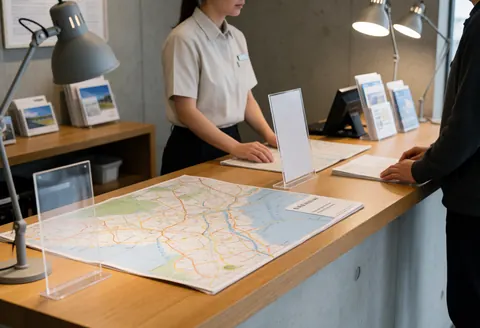 Wooden information kiosk displaying a large zoo map and brochures in an interior setting with concrete walls.