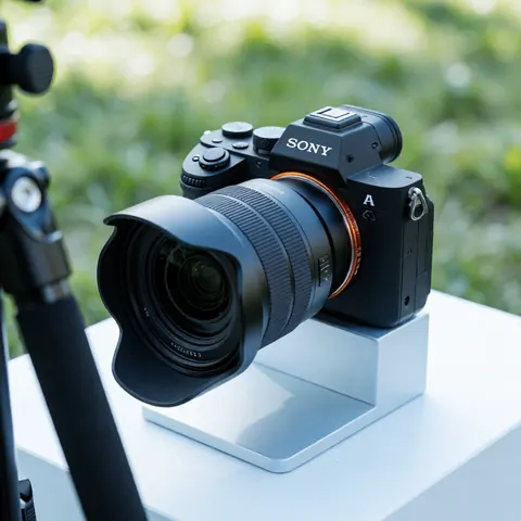 Sony camera with wide lens mounted on a white stand against a blurred green background with natural lighting