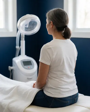 A satisfied customer sitting on a white treatment table in a clean clinical room with blue walls, next to a white facial treatment device.