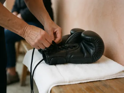Close-up of hands wrapped in black boxing gloves resting on a white towel placed on a wooden bench against a terracotta wall