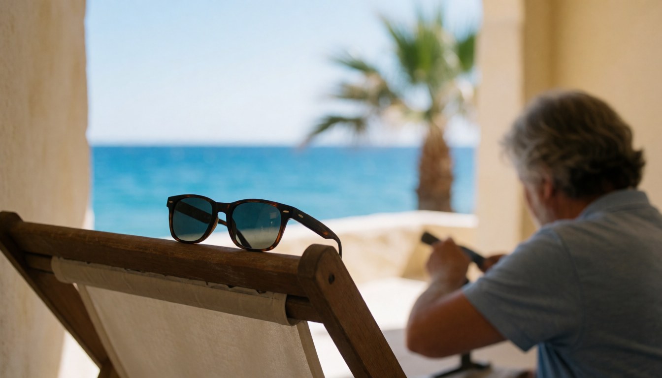 Sunglasses resting on a wooden beach chair with a blurred view of the blue sea and palm trees in the background.
