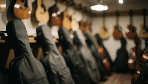 Guitar and cello cases with hanging guitars in a warm lit music studio featuring soft bokeh effect, ideal for text overlay