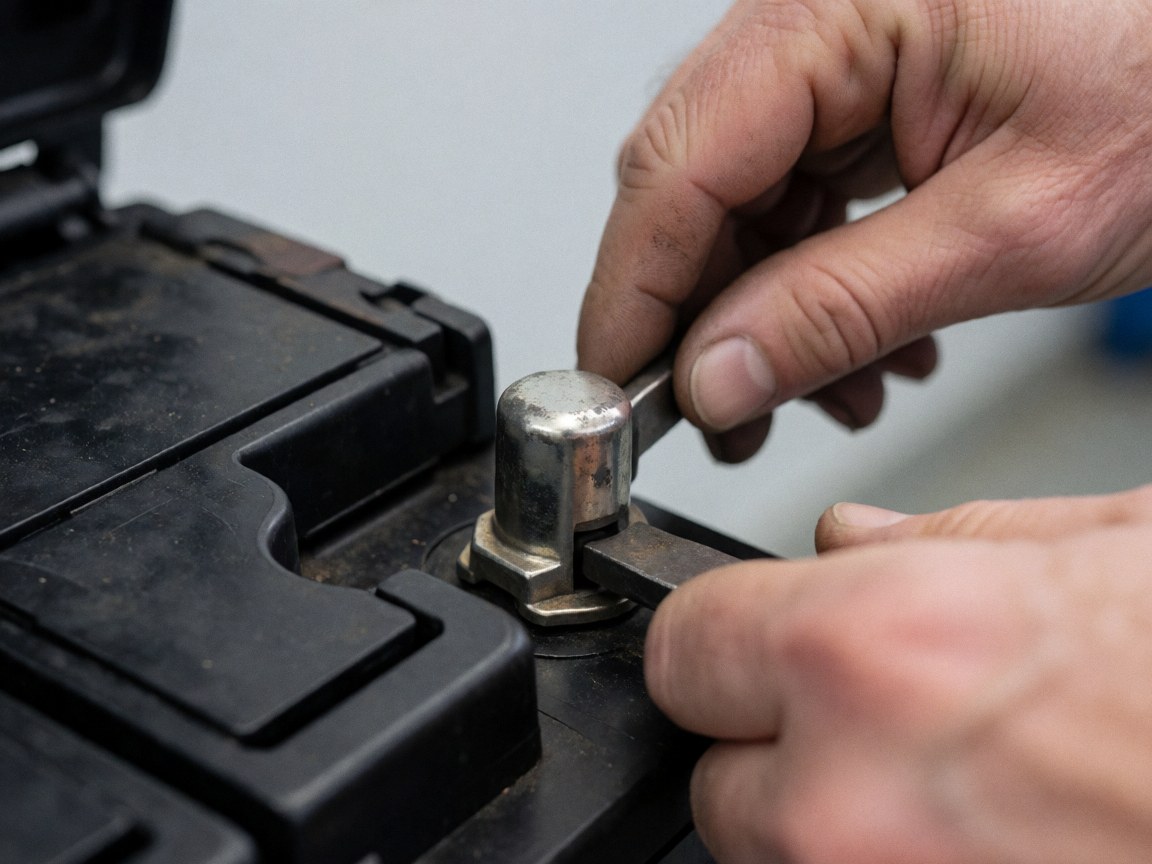 Close-up of a hand using a wrench to tighten the metal terminal on a black car battery against a light gray background.