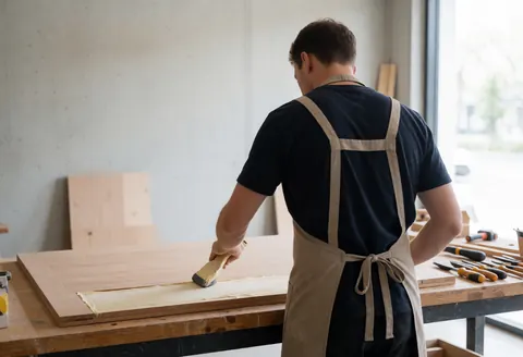 Carpenter applying wood filler to a large board with a brush, tools on a workbench, concrete wall, natural light