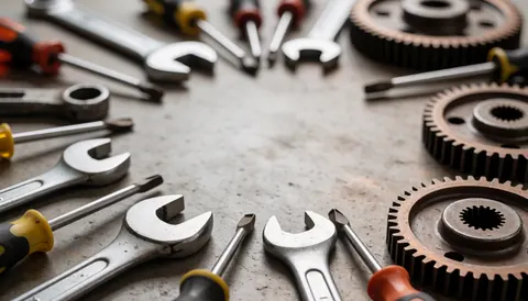 Work background with wrenches, screwdrivers, and metal gears for elevator repair services