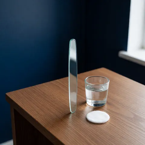 Glass jar containing nail files, a glass of water, and a cotton cloth on a wooden table against a navy blue wall with natural lighting.