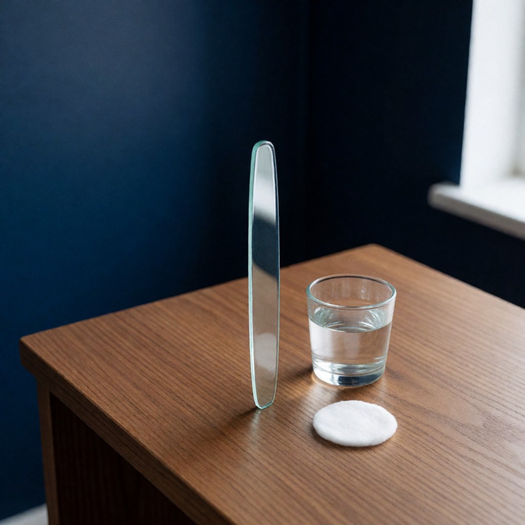 Glass jar containing nail files, a glass of water, and a cotton cloth on a wooden table against a navy blue wall with natural lighting.