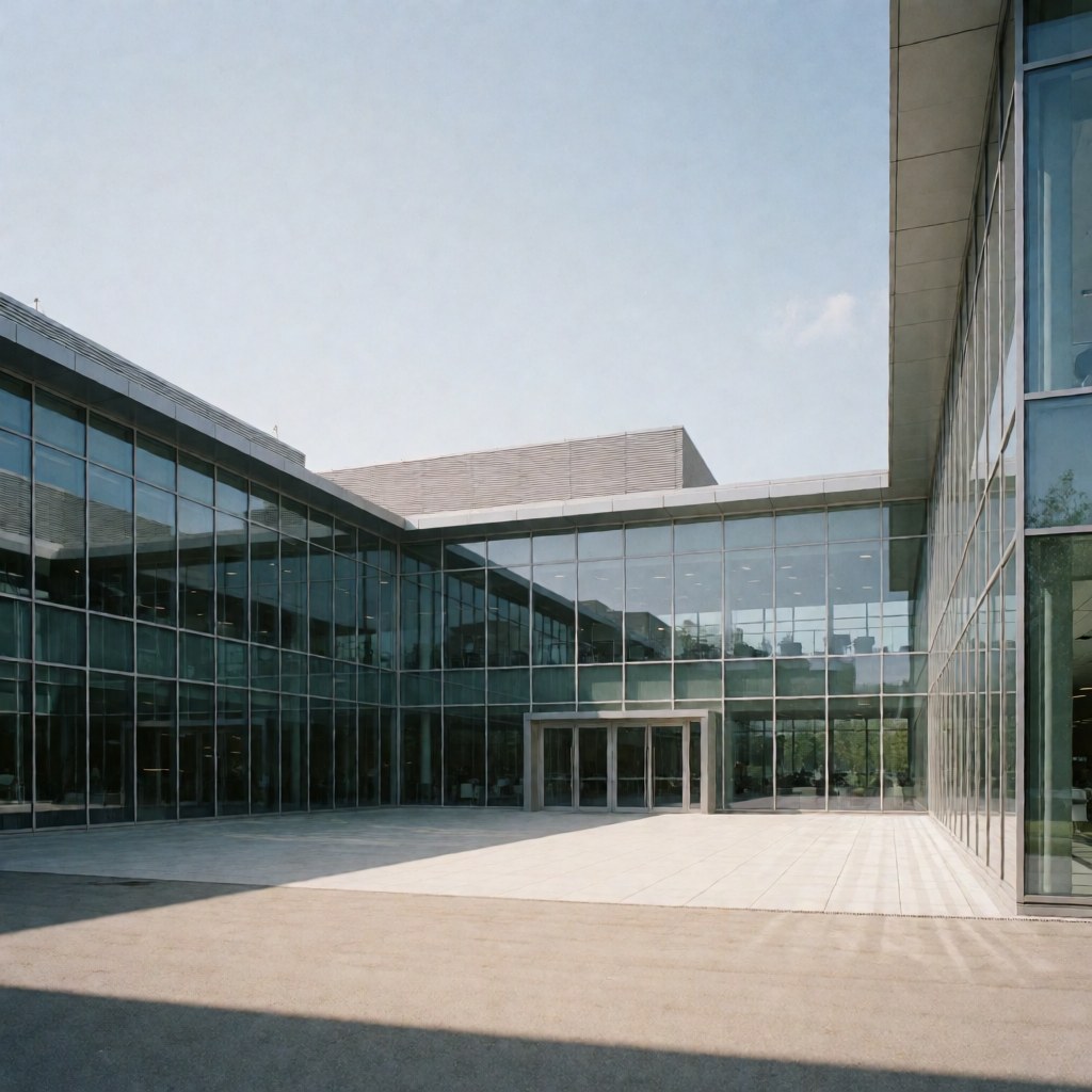 Modern corporate building exterior featuring a glass and steel facade under bright sunlight with a clear sky and stone ground