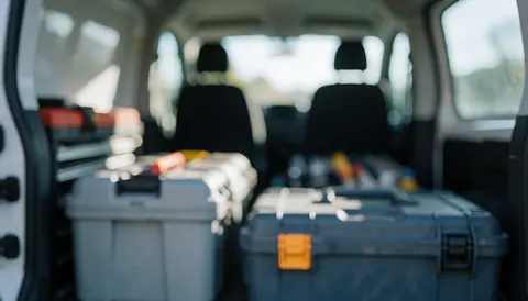 Interior view of a service van containing toolboxes and seats with a blurred background suitable for printer repair text overlays