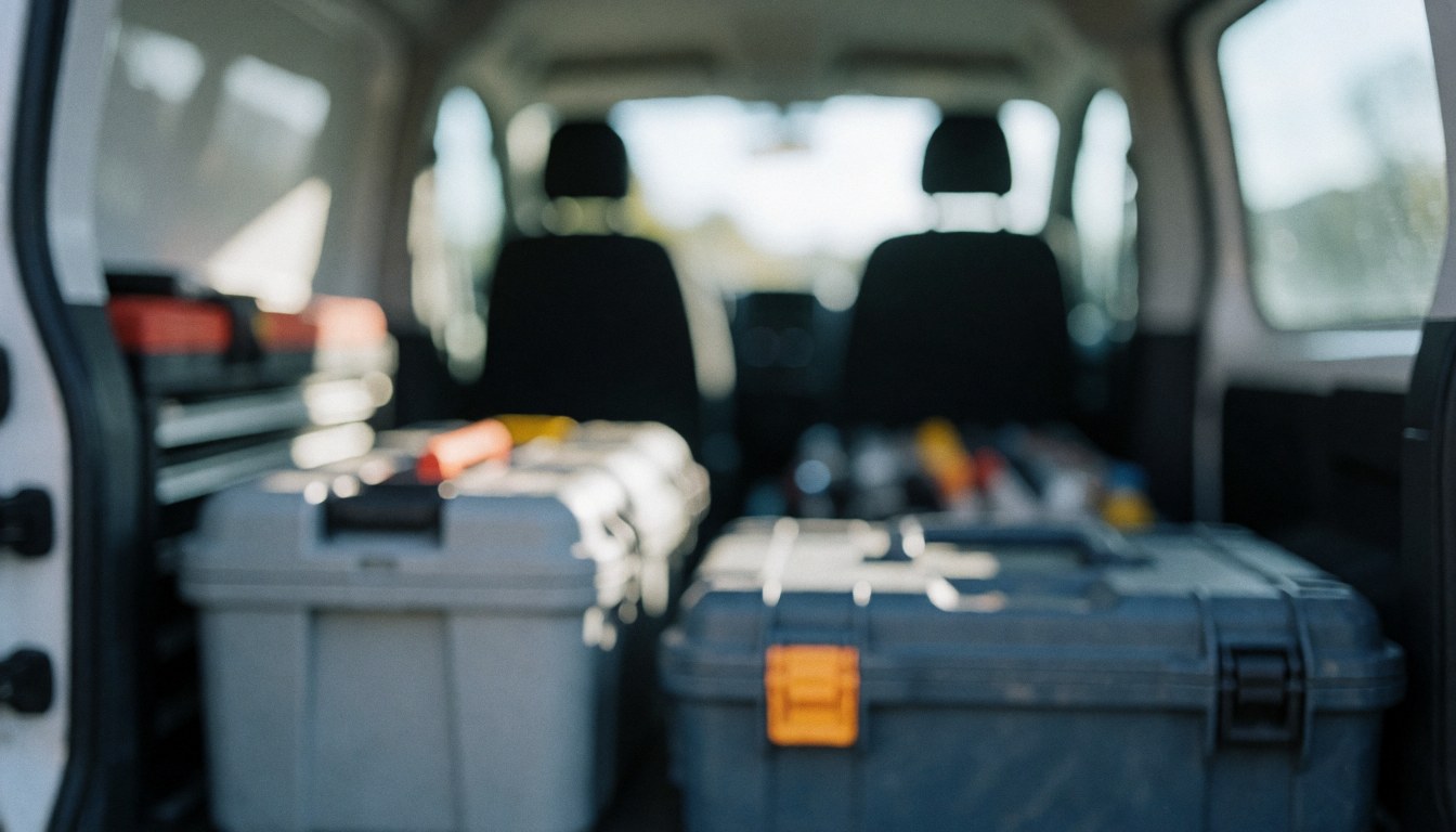 Interior view of a service van containing toolboxes and seats with a blurred background suitable for printer repair text overlays