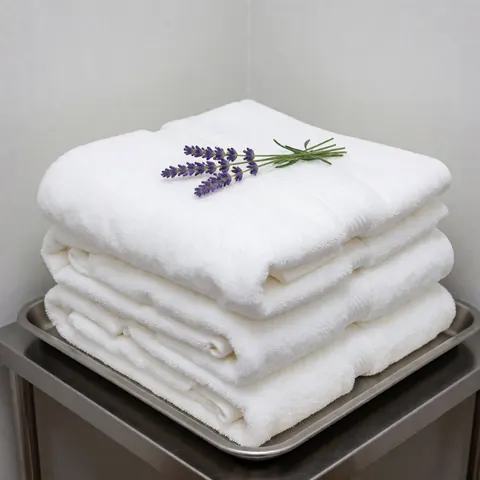 Stack of soft white towels on a stainless steel tray with a sprig of lavender for spa or relaxing massage