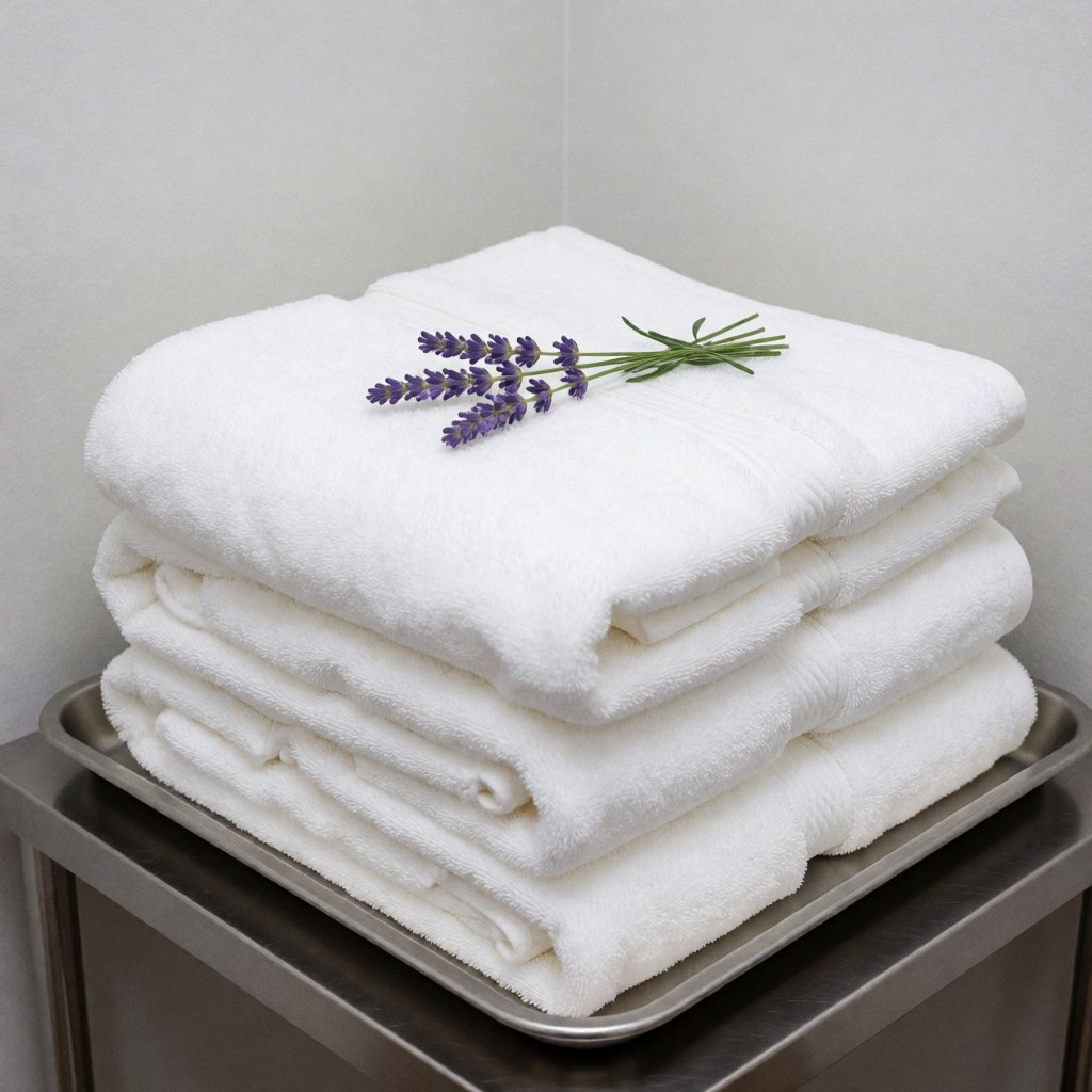 Stack of soft white towels on a stainless steel tray with a sprig of lavender for spa or relaxing massage