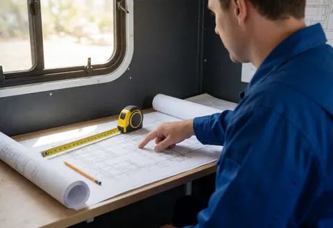 Technician in blue uniform reviewing thermal insulation plans in a mobile office with a ruler and pencil, sunlight entering through a window.