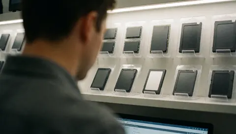 Technician checking storage drives on a lit shelf with organized SSDs and memory modules for a professional background.