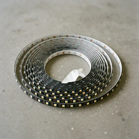 Rolled flexible adhesive LED strip resting on a gray concrete floor, suitable for event lighting and decoration.