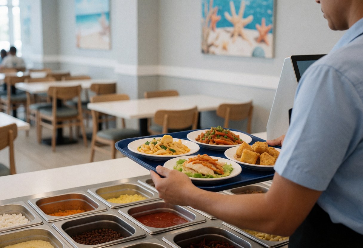 Staff member holding a food tray in an aquarium-themed dining area with tables and marine decor in the background