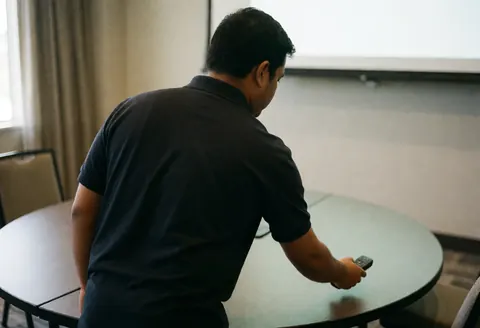 Back view of employee adjusting remote on round table in meeting room with large screen and natural light