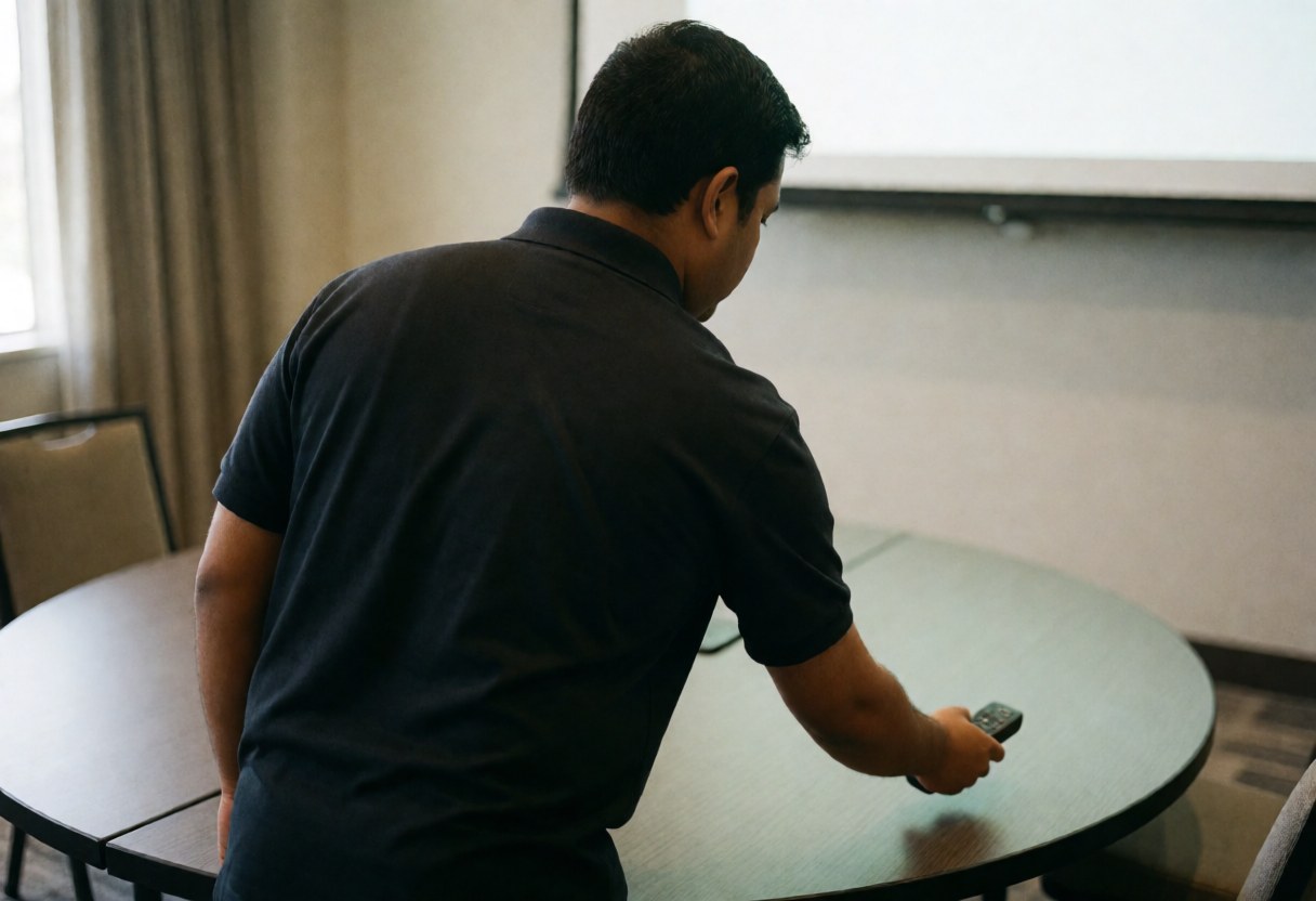 Back view of employee adjusting remote on round table in meeting room with large screen and natural light