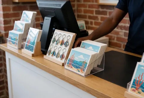 Store counter displaying marine postcards and coral keychains against a red brick wall with products being organized