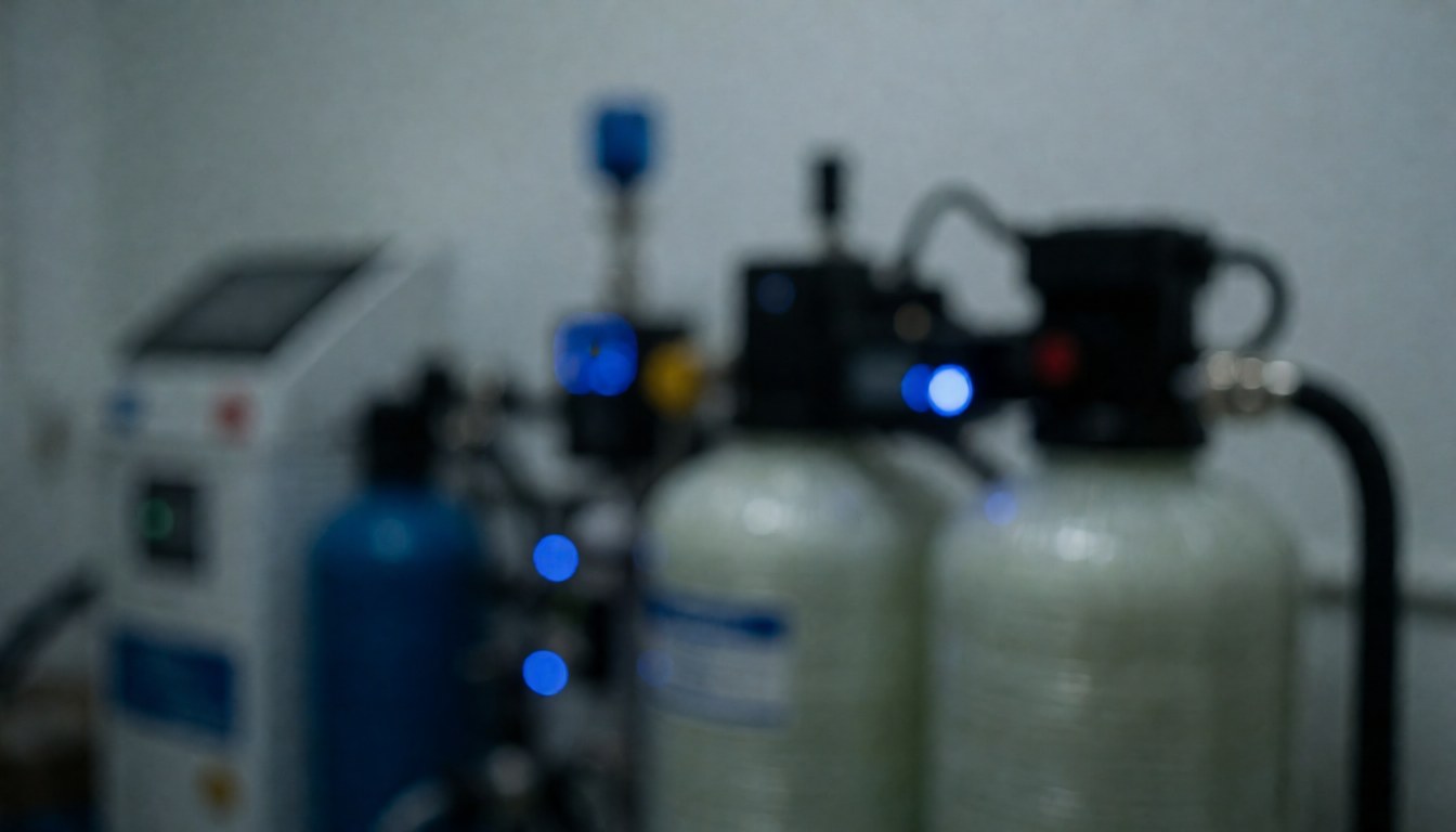 Blurred background of an aquarium laboratory with tanks, pipes, and blue LED lights suitable for professional text overlays