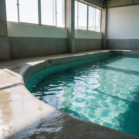 Indoor turquoise water pool with wet concrete edges and sunlight entering through high windows, suitable for aquariums or educational centers