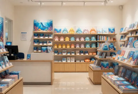Empty gift store featuring shelves of marine plush toys, books, and a clean counter with bright lighting and polished floor.