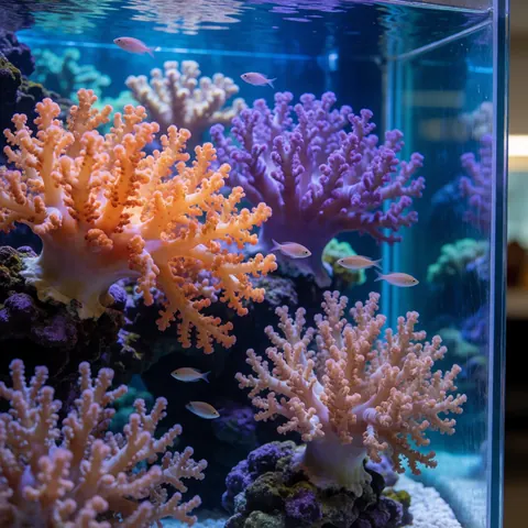 Orange and purple coral in an aquarium with small fish swimming among branches, blue lighting, and a visible glass wall.