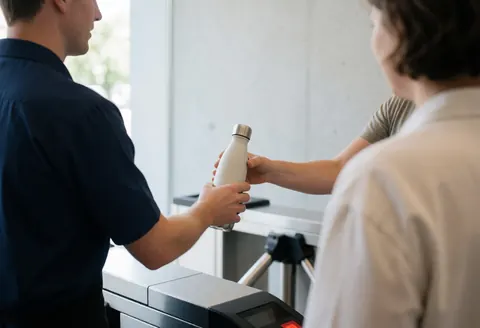 Staff member delivers a white reusable bottle to a customer near a metal turnstile in a modern lobby.