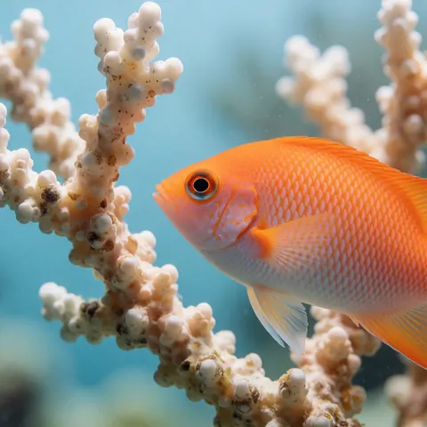 Bright orange anthias fish swimming near textured white coral against a soft blurred blue water background with natural lighting highlighting its scales and fins