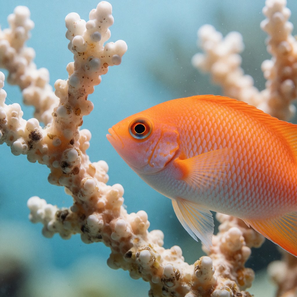 Bright orange anthias fish swimming near textured white coral against a soft blurred blue water background with natural lighting highlighting its scales and fins