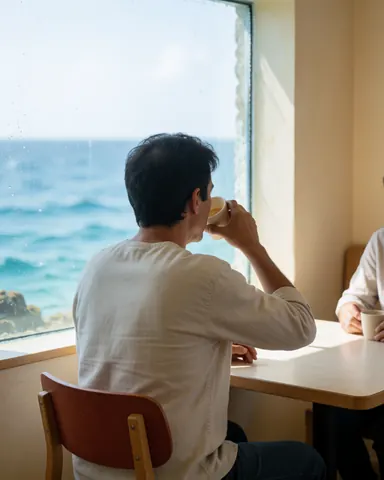A man enjoys a cup of coffee at a table near a large window overlooking the ocean, bathed in natural light within a calm beige interior.