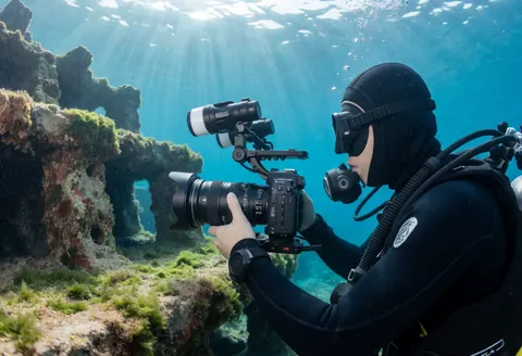 Underwater photographer with professional gear capturing images near algae-covered concrete structure with sunlight filtering from the surface