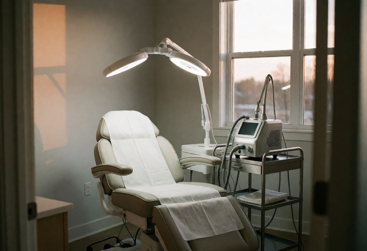 Modern treatment room featuring a reclining chair, LED lights, and medical equipment on a stainless steel cart near a window.