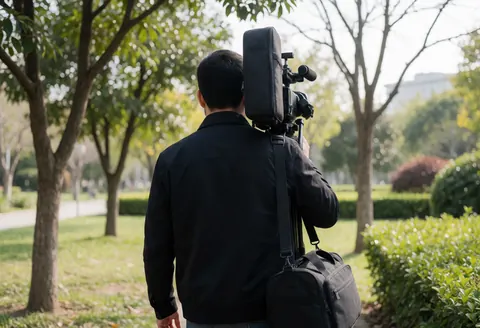 Professional videographer walking through a park with a shoulder-mounted camera and backpack, surrounded by trees and natural light.