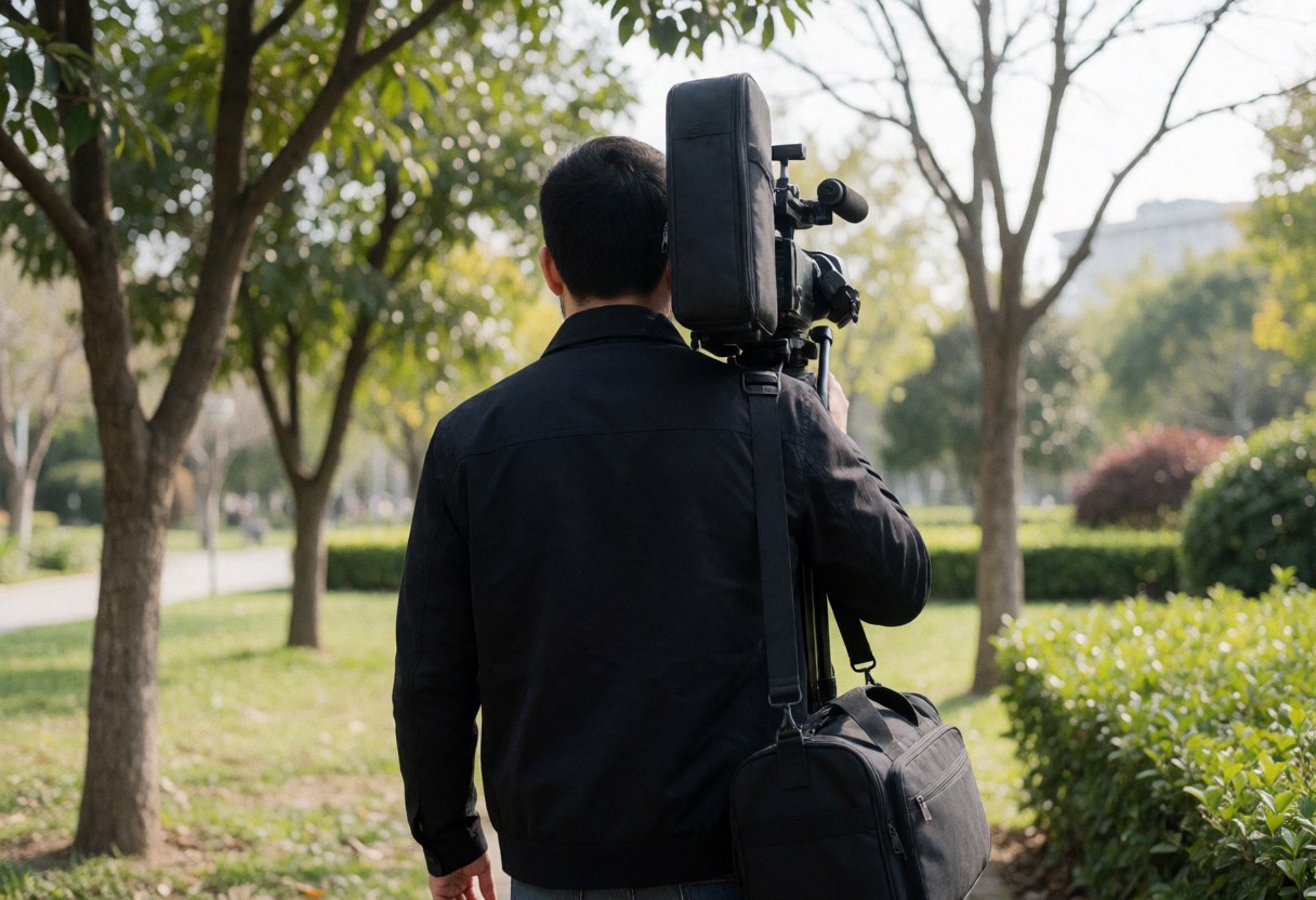 Professional videographer walking through a park with a shoulder-mounted camera and backpack, surrounded by trees and natural light.